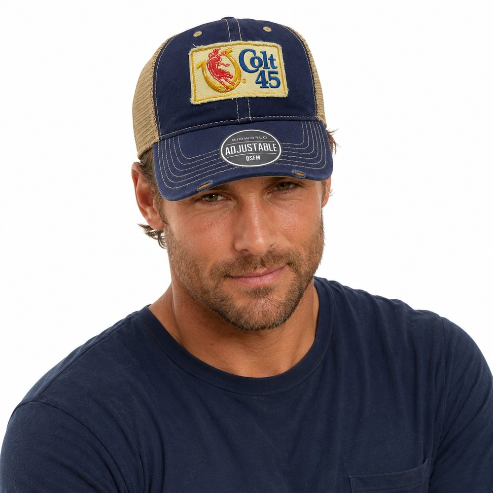 Colt 45 Malt Liquor Beer Trucker Hat Bioworld Men Navy Blue Tan Snapback Cap